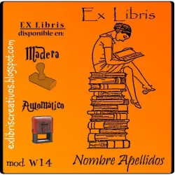 ExLibris Chica leyendo sobre columna de libros